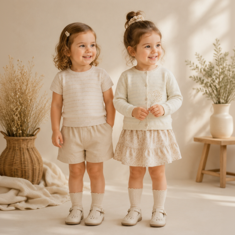 Two children wearing a short-sleeve knit top and a button-front cardigan with shorts and a skirt