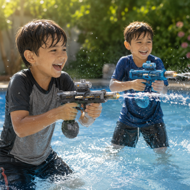 Two children playing with black and blue water blasters in an outdoor pool