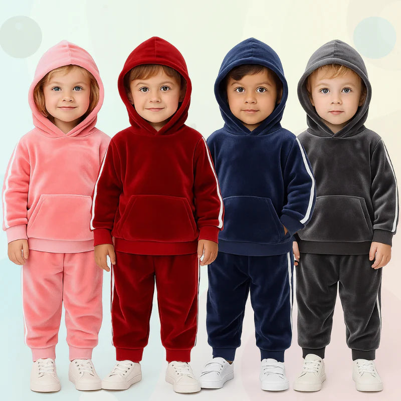 Four children wearing pink, red, navy, and gray pullover tracksuits