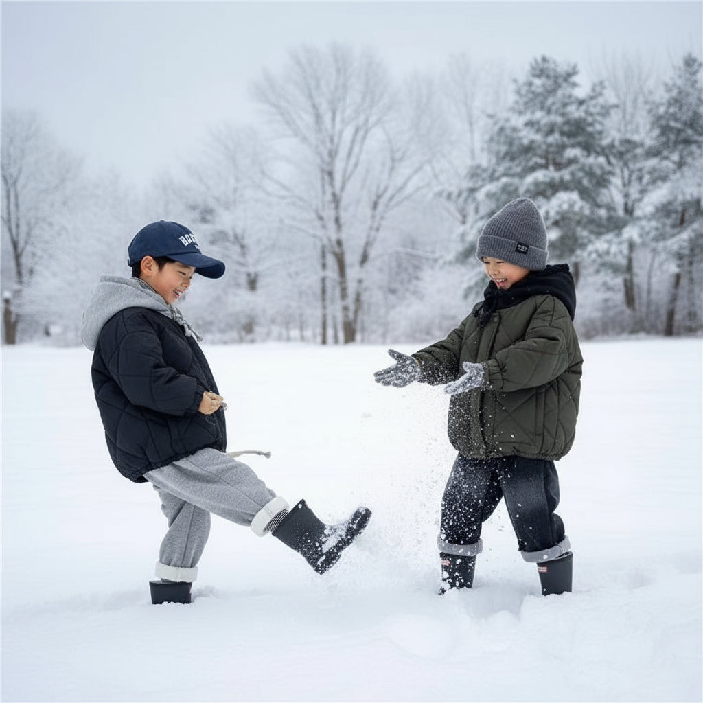 Two children wearing blue and green quilted hooded jackets while playing in the snow.