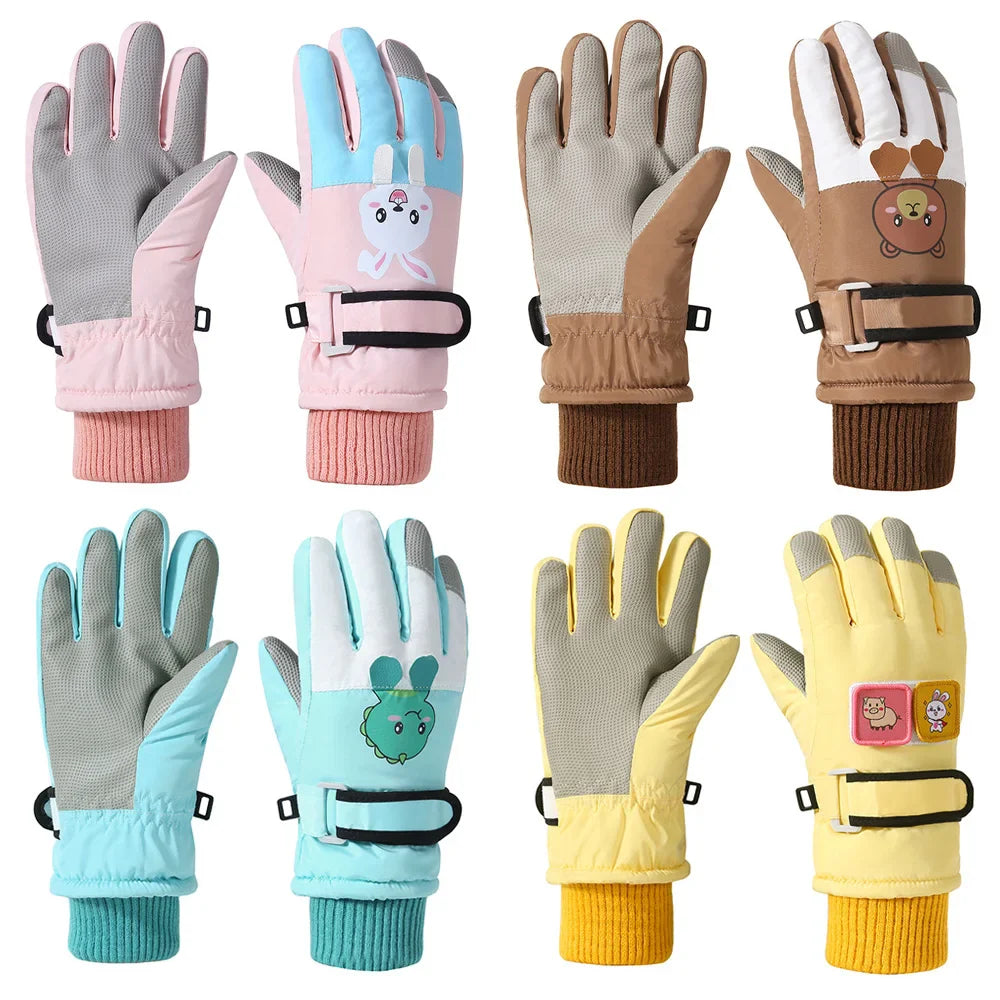 Animal-design winter gloves in pink, khaki, turquoise, and yellow with gray palms and adjustable wrist straps.