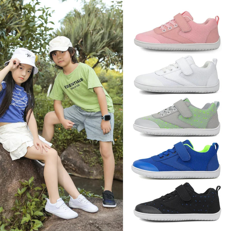 Children wearing sneakers outdoors beside five available sneaker colors