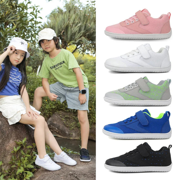 Children wearing sneakers outdoors beside five available sneaker colors