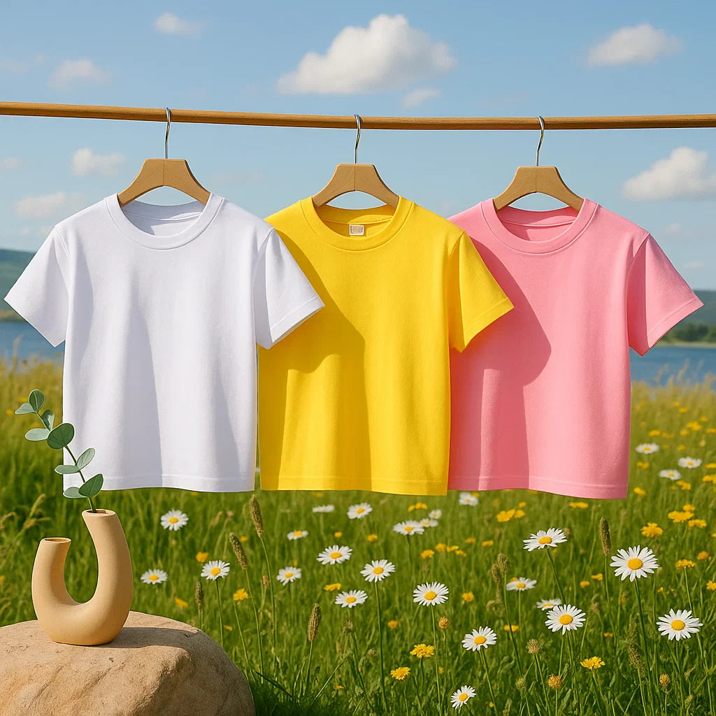 White, yellow and pink short-sleeve kids' T-shirts hanging above a flower-filled meadow