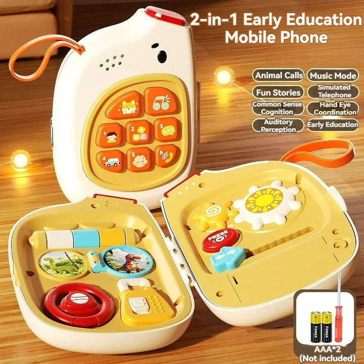 Phone-shaped sound toy shown closed with animal buttons and open with a rotary dial and small activities