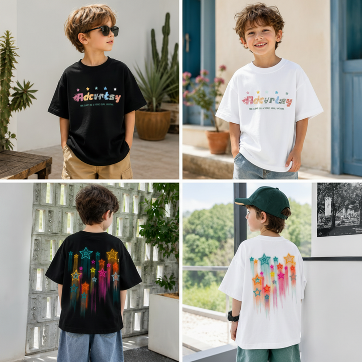Children modeling black and white relaxed-fit star T-shirts from the front and back