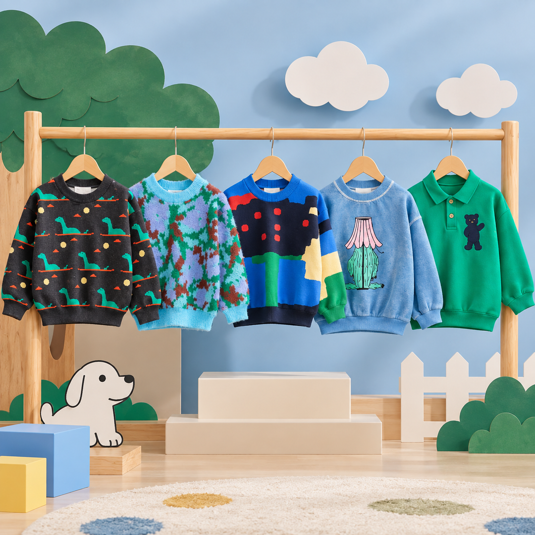 Children's sweaters and a green collared sweatshirt hanging on a wooden rack