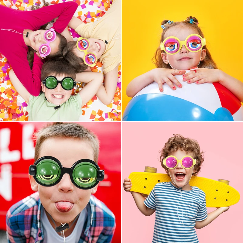 Children wearing colorful giant-eye toy glasses in a collage of playful portraits