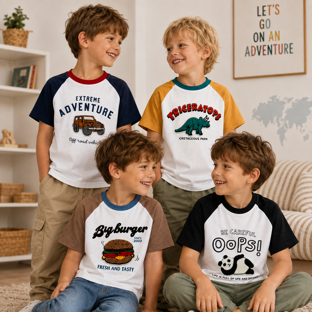 Four children wearing the truck, dinosaur, burger, and panda raglan T-shirts