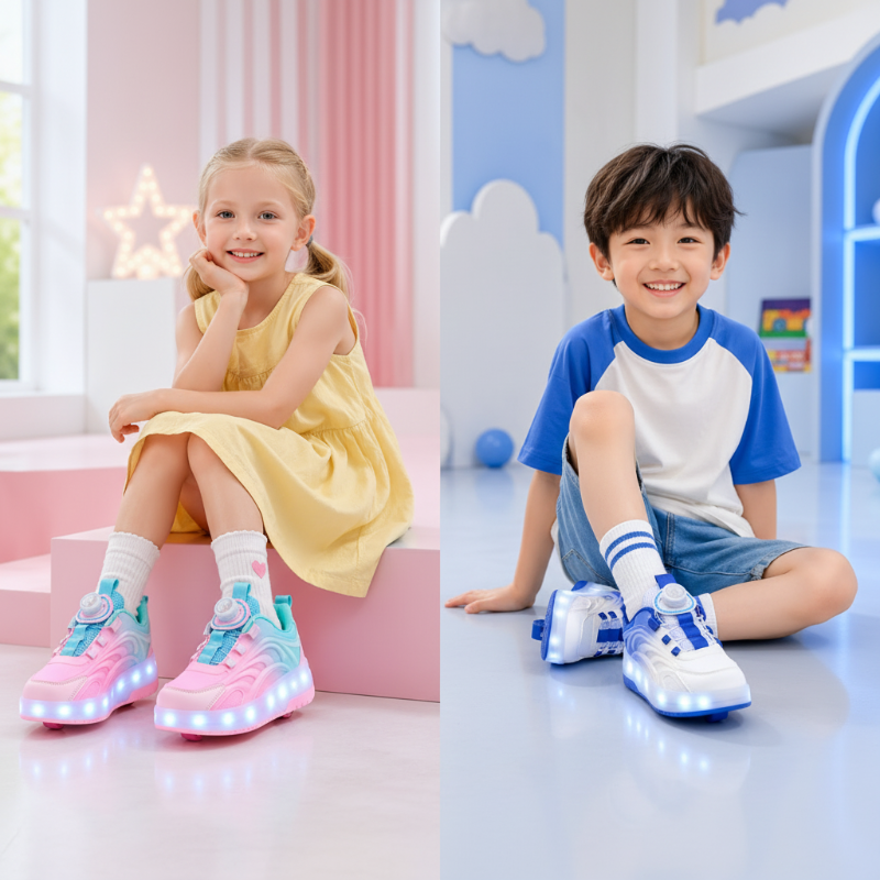 Two children wearing pink and blue light-up roller sneakers