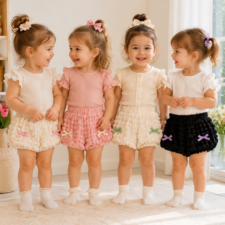 Four children wearing ruffle shorts paired with light-colored tops