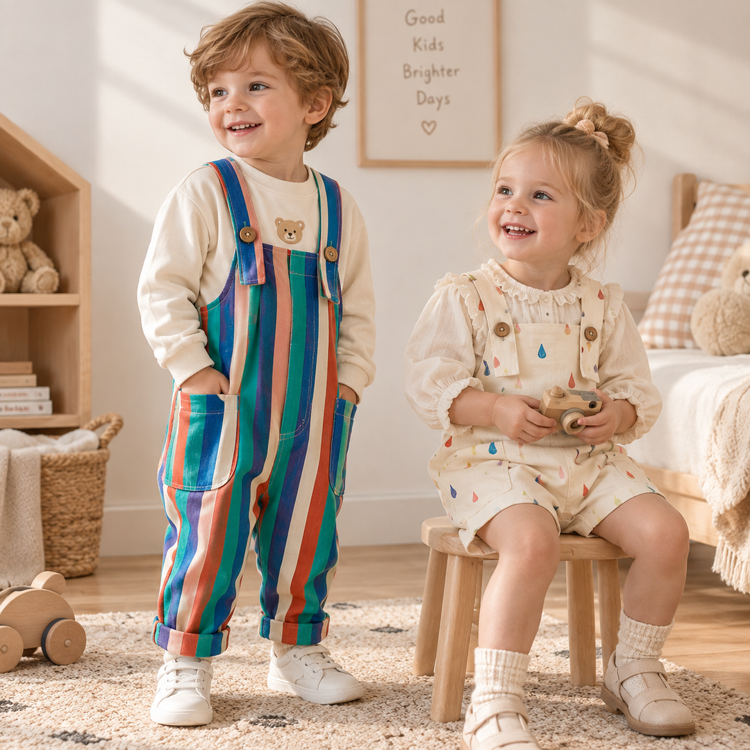 Children wearing striped long overalls and cream raindrop-print short overalls