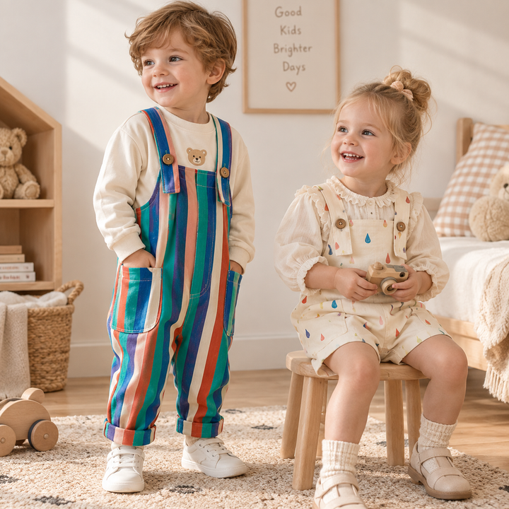 Children wearing striped long overalls and cream raindrop-print short overalls