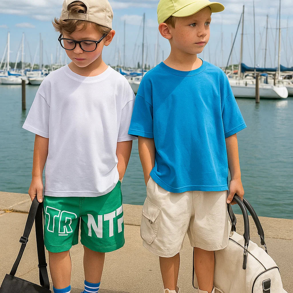 Two children wearing white and blue T-shirts with shorts by a marina