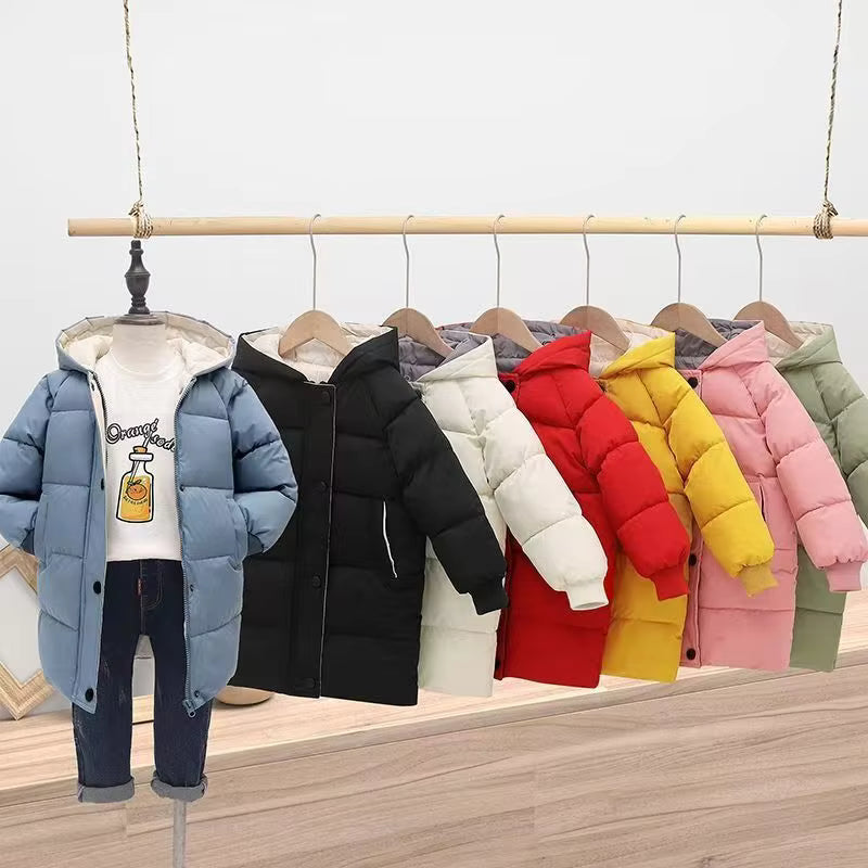 Blue hooded winter coat on a child-size mannequin beside a row of colorful coats