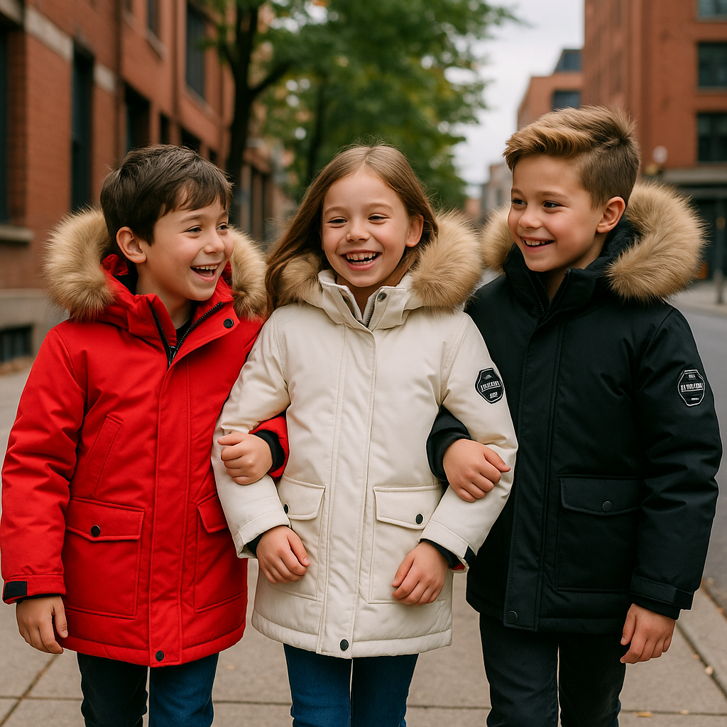Three children wearing red, white and black hooded winter coats on a sidewalk