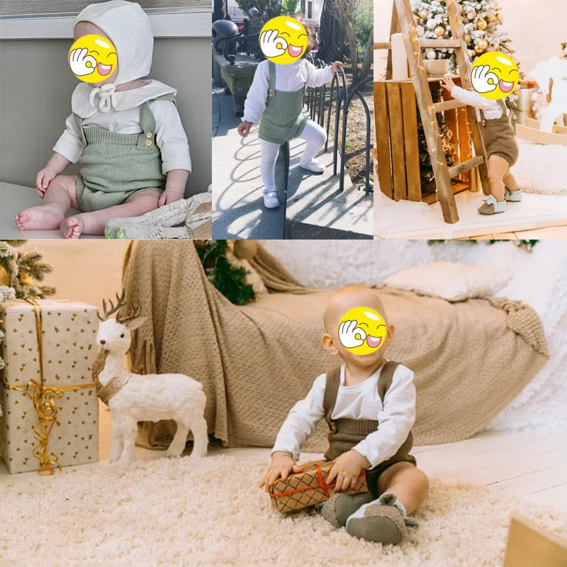 Children wearing green and taupe knit rompers over white tops indoors and outdoors