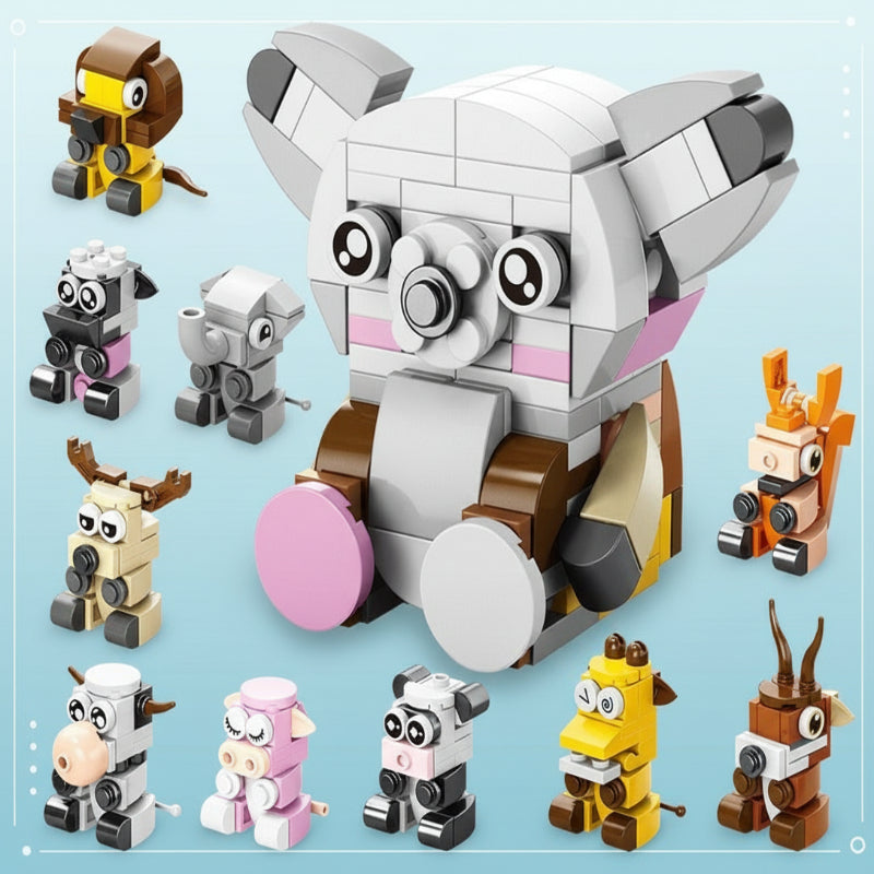 Gray and white koala block model surrounded by smaller animal builds
