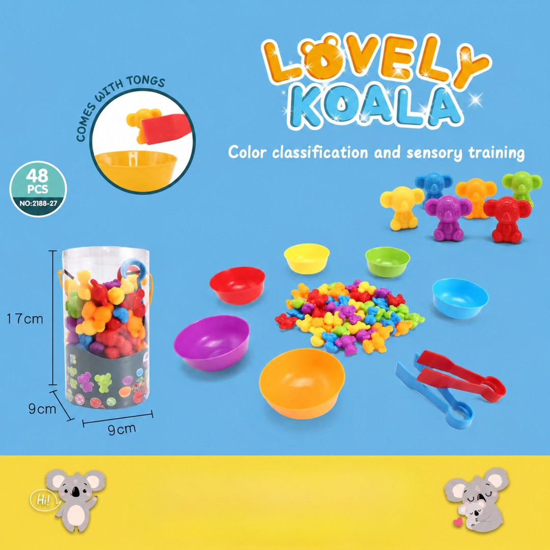 Koala-themed sorting figures with six colored bowls, two tongs, and a storage tube