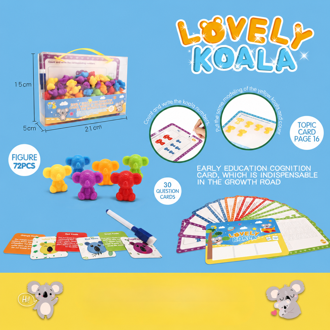 Koala-themed activity set with colorful figures, learning cards, a marker, and a handled case
