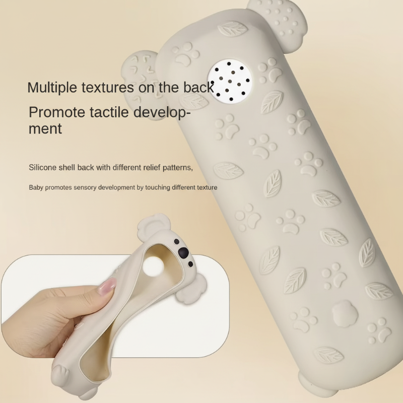 Textured back of a koala silicone remote cover, with an inset showing its flexibility