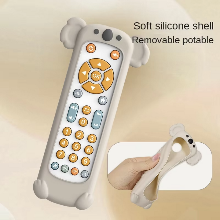 Koala toy remote with an inset showing its removable, flexible silicone cover