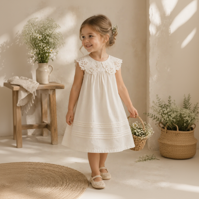 Girl wearing the cream Lace Petal dress with a scalloped collar and relaxed A-line skirt