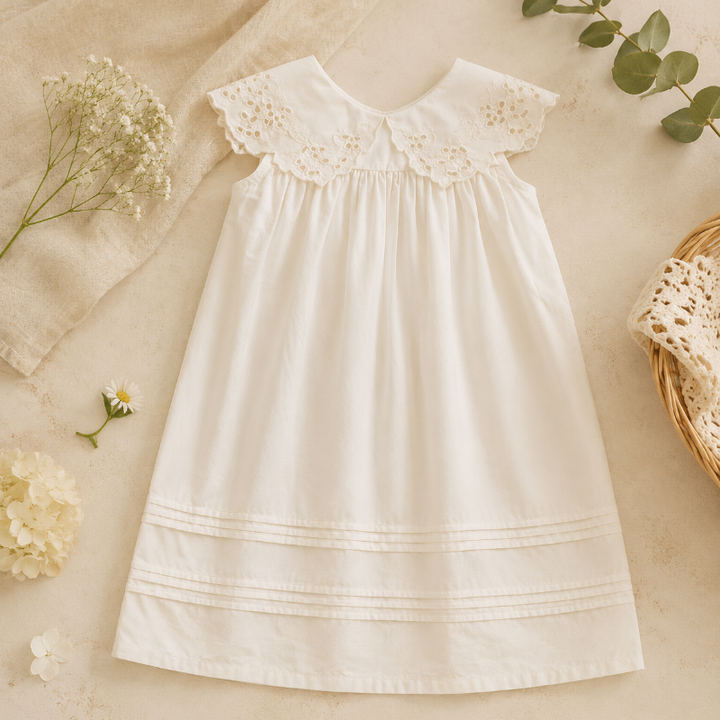 Cream Lace Petal dress with an oversized scalloped lace collar and horizontal tucks near the hem