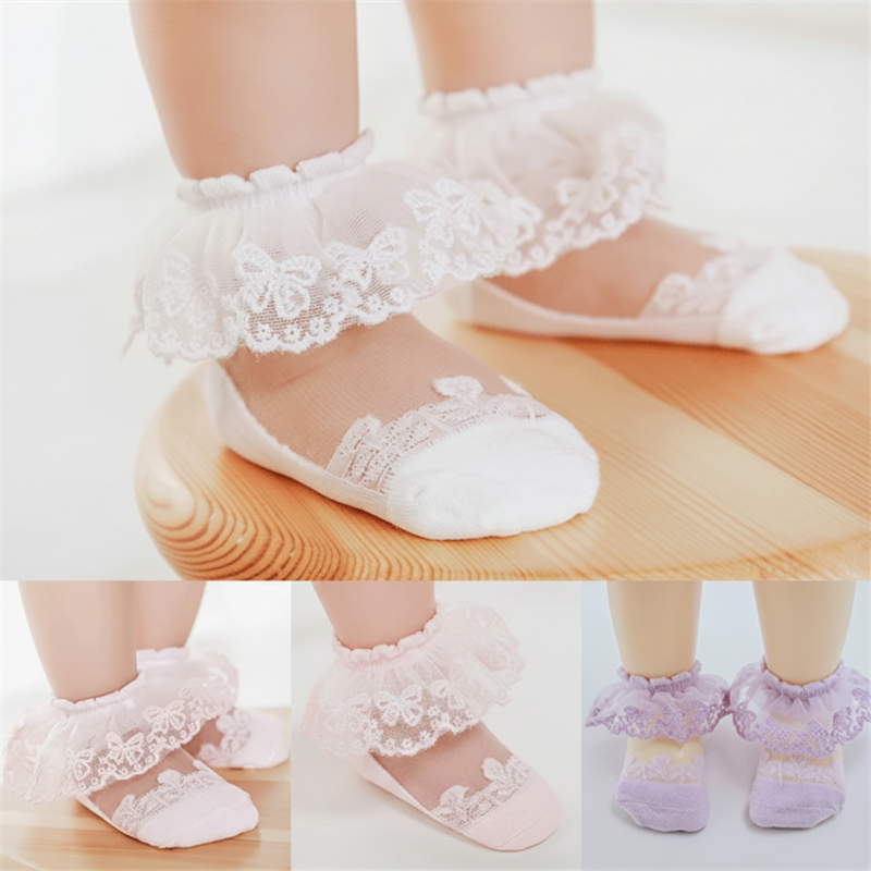 Collage showing white, pink, and purple lace baby socks with floral ankle ruffles.