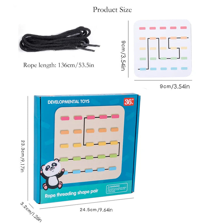 Black cord, square pattern card, and product box shown with measurement labels.