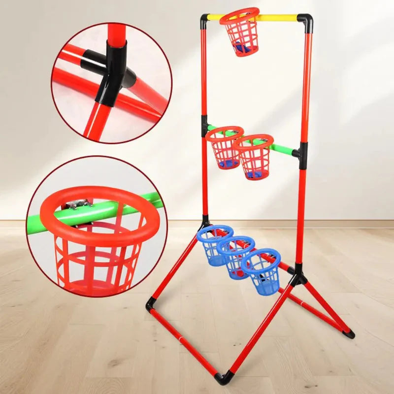 Three-level toss game frame with close-up views of a frame joint and basket attachment.