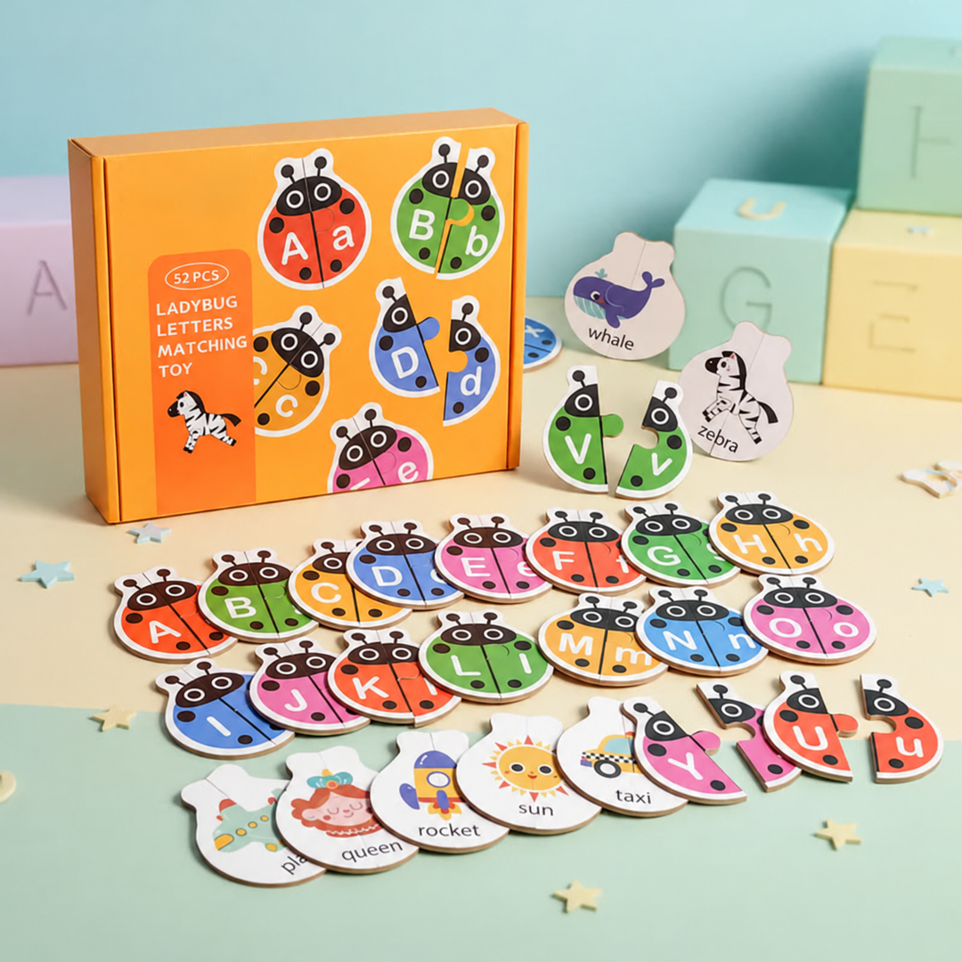 Wooden ladybug alphabet puzzles beside the orange box with letter and picture sides visible