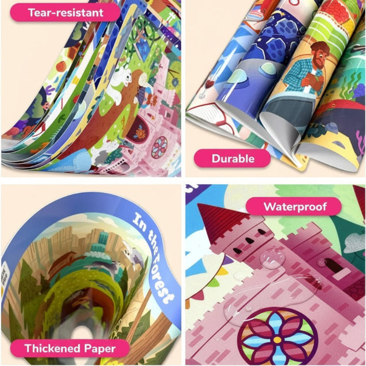 Close-ups showing thick, flexible laminated activity pages and their water-resistant surface