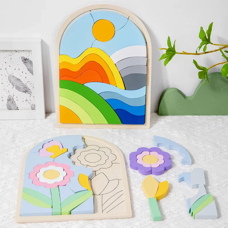 Colorful landscape puzzle behind a partially assembled flower puzzle and loose wooden pieces