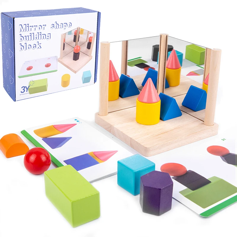 Large Blocks set with solid geometric shapes, a wooden mirror base, activity cards, and packaging.