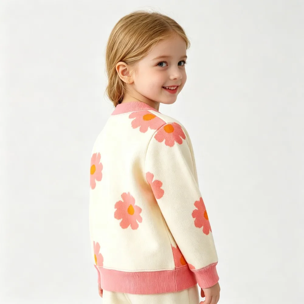 Back view of a cream cardigan with large pink flowers and pink ribbed trim