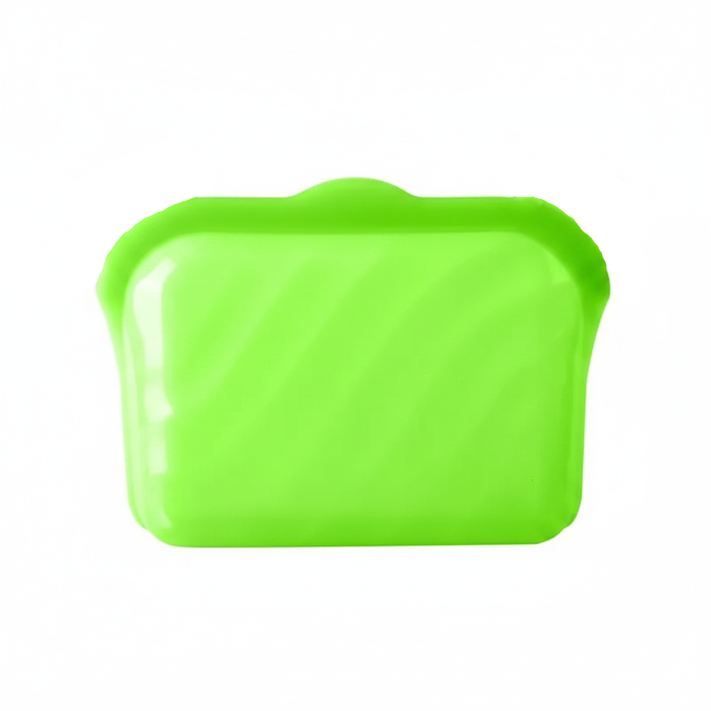 Large green silicone food storage bag shown from the front.