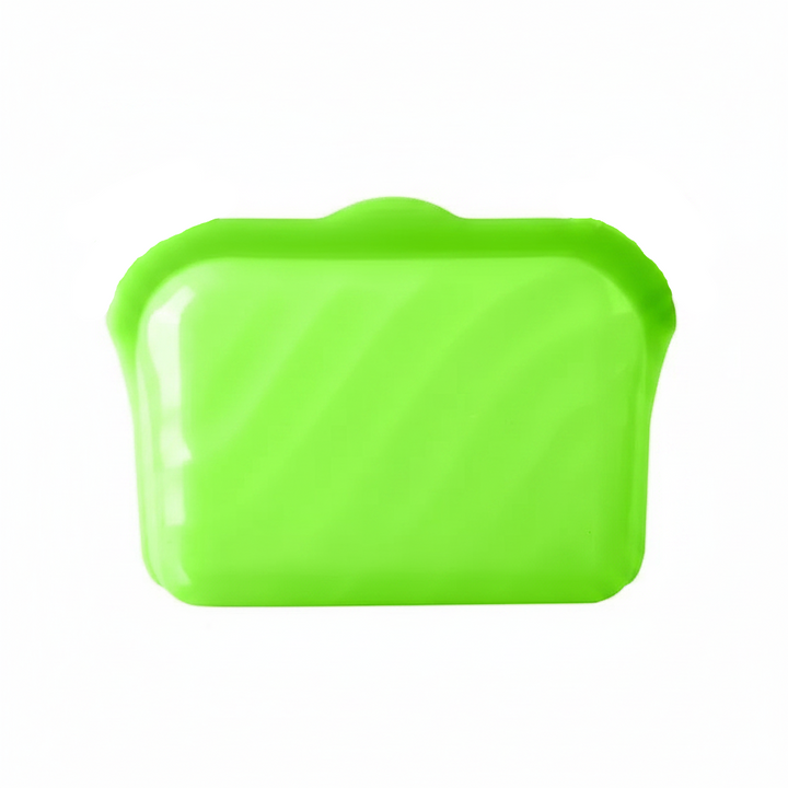 Large green silicone food storage bag shown from the front.