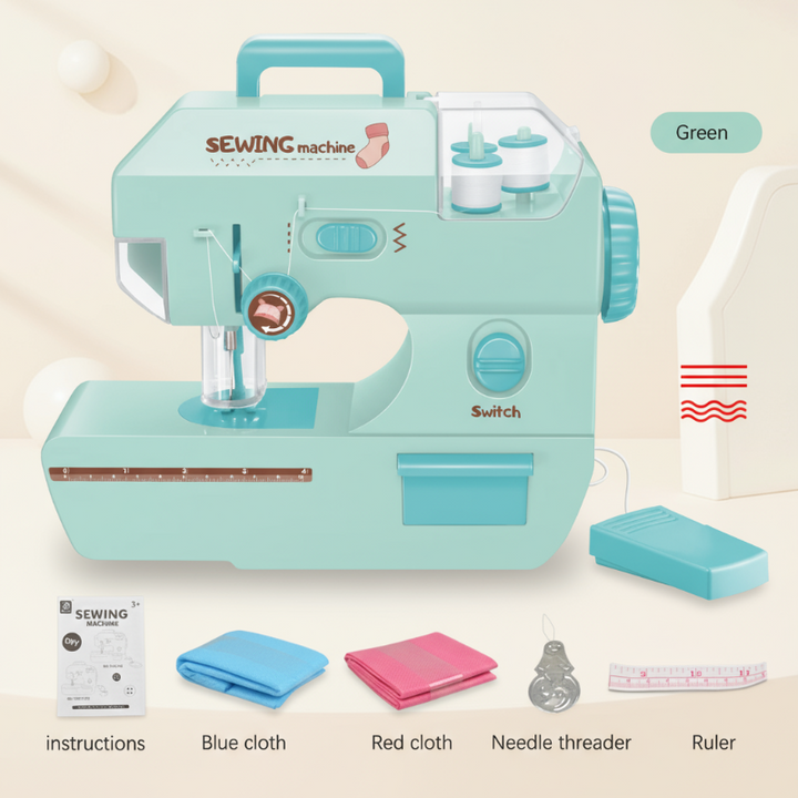 Large green toy sewing machine with carry handle, wired controller, and sewing accessories