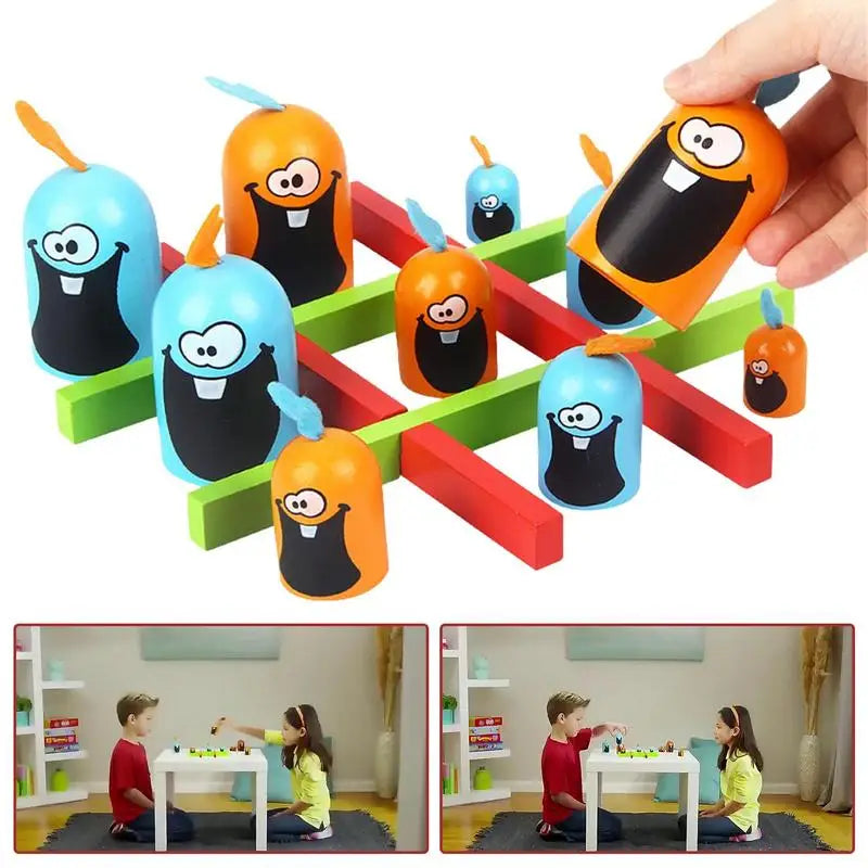 A hand holds a large orange piece above the grid, with two small views of children playing below.