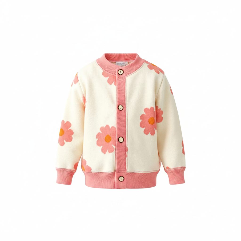 Cream knit cardigan with large pink flowers and pink ribbed trim