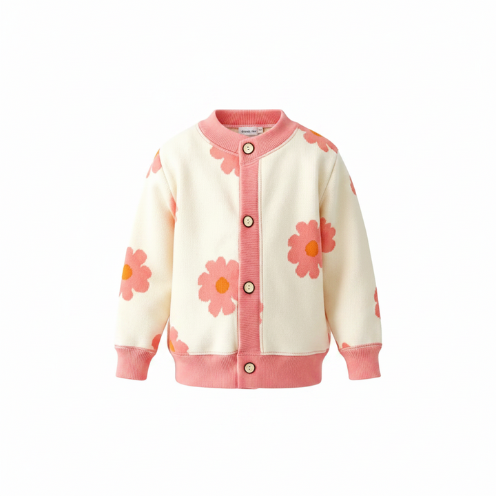 Cream knit cardigan with large pink flowers and pink ribbed trim