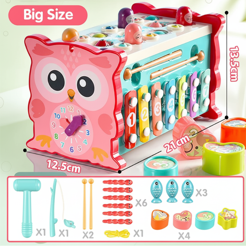 Large pink owl activity center with measurements and an illustrated accessory list