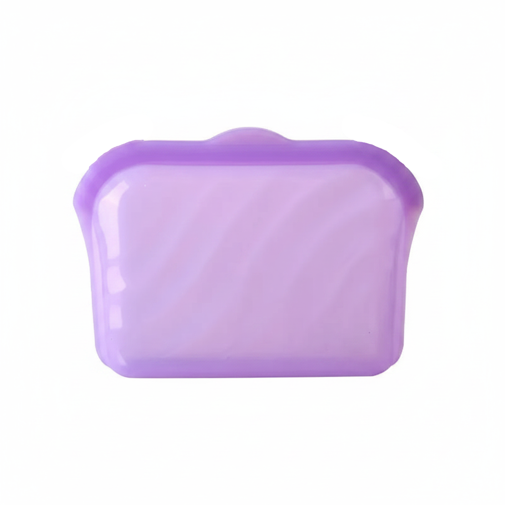Large purple silicone food storage bag with a partially transparent body.