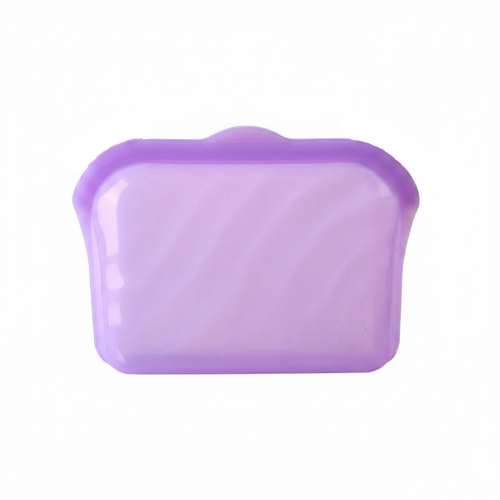 Large purple silicone food storage bag with a partially transparent body.