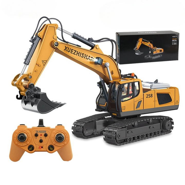 Large yellow RC excavator with a metal bucket, tracked base, remote control, and box