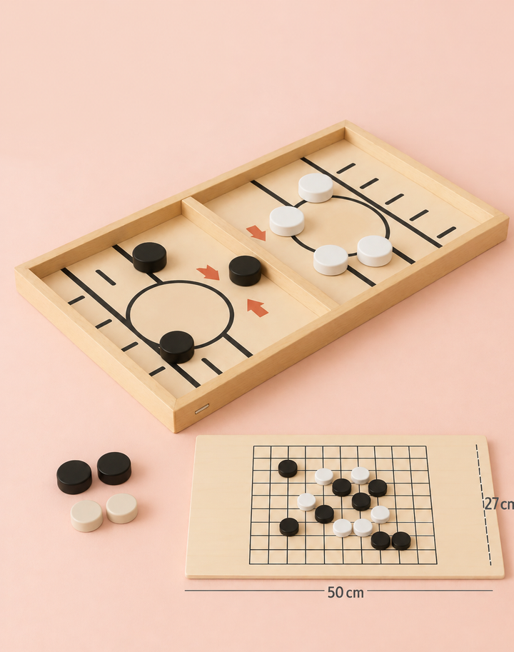 Large wooden sling puck and checkers combination shown with 50 x 27 cm measurements