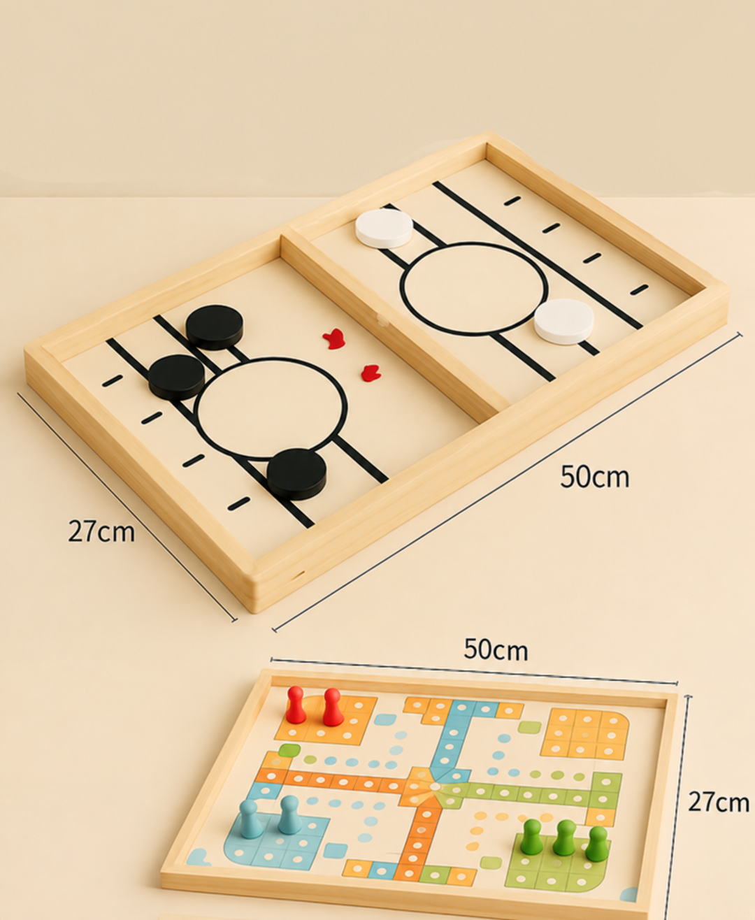 Large wooden sling puck and race-game combination with 50 x 27 cm measurements