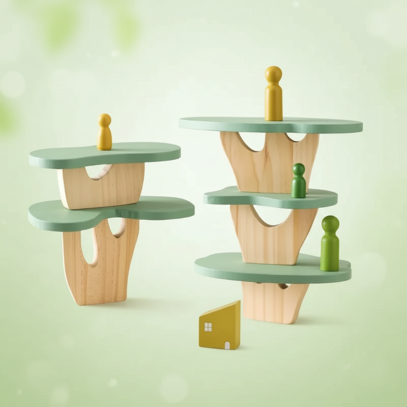 Large Tree design with staggered green platforms, wooden supports, figures, and a house