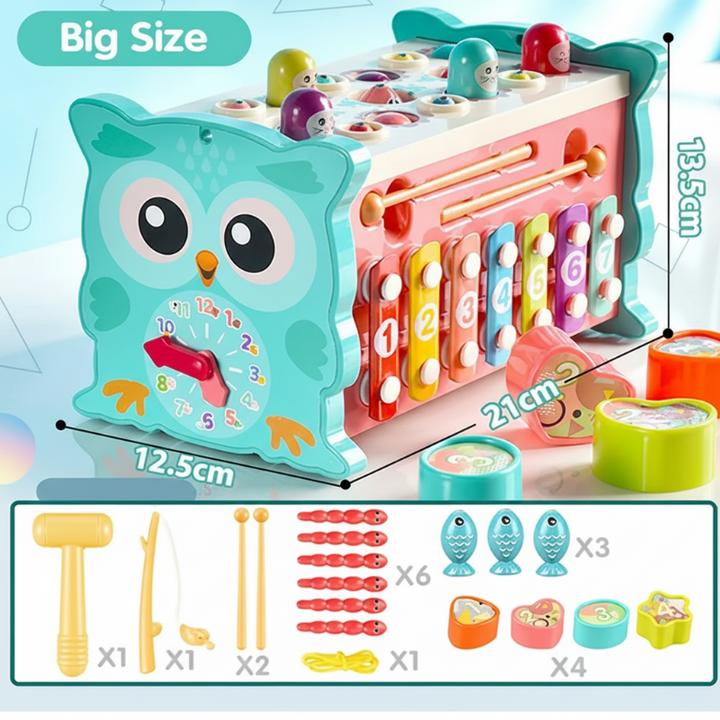 Large turquoise owl activity center with measurements and an illustrated accessory list